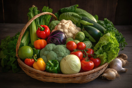 pile of fresh vegetables in a basket, ready to be taken home, created with generative aiの素材