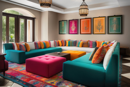 colorful lounge area with plush sofas and coffee tables for guests to relax, created with generative aiの素材