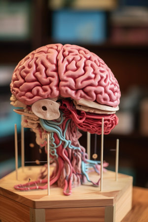 close-up of a human brain model with labeled parts, created with generative aiの素材