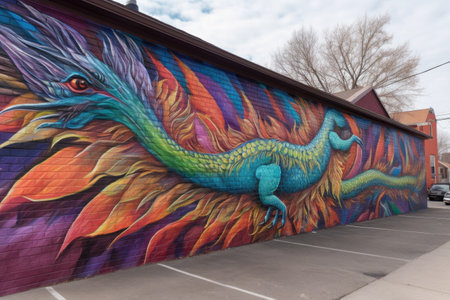 colorful mural of dragon, with its wings extending across the entire wall, created with generative aiの素材