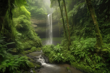 majestic waterfall surrounded by lush greenery, with cascading water and mist, created with generative aiの素材