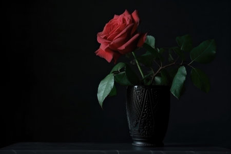 red rose in a black vase on a dark background, created with generative aiの素材