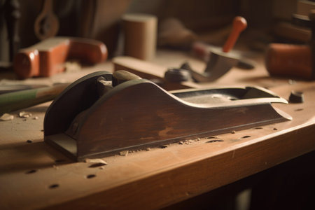 close-up of woodworkers hand plane, with freshly planed surface visible, created with generative aiの素材
