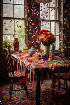 colorful confetti raining down on a festive table setting, created with generative aiの素材