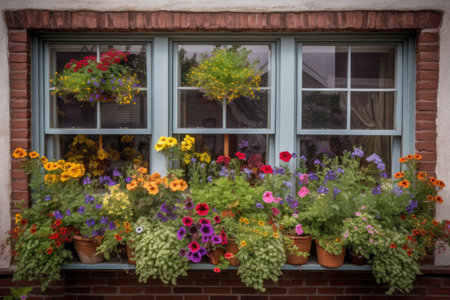 window garden filled with colorful annuals and perennials, created with generative aiの素材