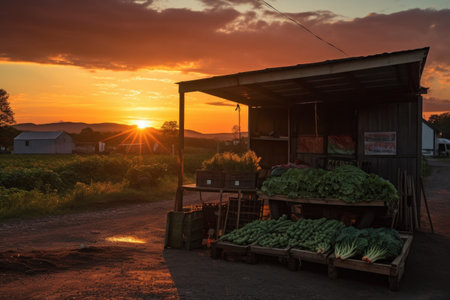 a vegetable stand at sunset, with the sun setting behind it, created with generative aiの素材