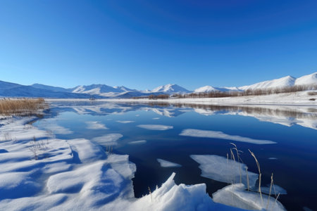 winter wonderland, with snow-covered mountain peaks and frozen lakes, against a blue sky, created with generative aiの素材