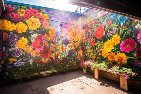 colorful mural of blooming flowers with the sun shining through, created with generative aiの素材