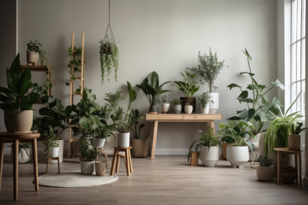 a selection of indoor plants and greenery in a modern, minimalist setting, created with generative aiの素材