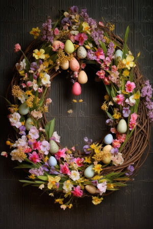 easter wreath made of twigs, eggs, and spring flowers on a wooden door, created with generative aiの素材