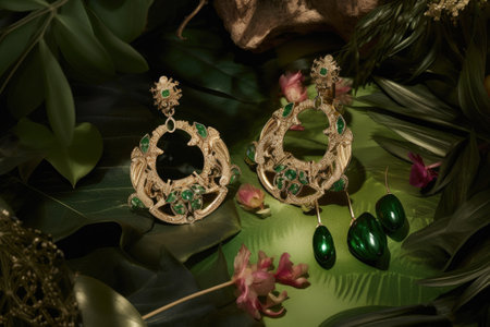surrounded by lush greenery, a pair of statement earrings shines, created with generative aiの素材