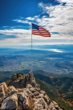 american flag on top of a mountain with scenic landscape, created with generative aiの素材