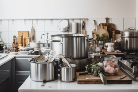 zero-waste kitchen with stainless steel pots, pans, and gadgets for cooking fresh and healthy meals, created with generative aiの素材