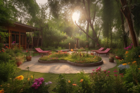 yoga retreat with outdoor meditation garden, surrounded by greenery and flowers, created with generative aiの素材