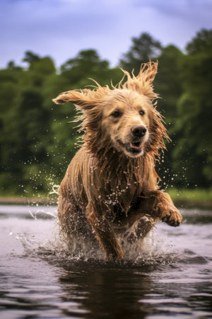 wet dog shaking off water after a swim in a lake, created with generative aiの素材