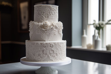 wedding cake with intricate and delicate lace design for modern-day wedding, created with generative aiの素材
