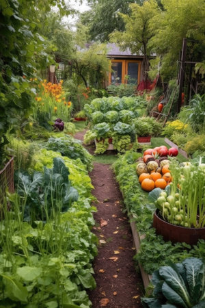 a thriving garden with various vegetables, created with generative aiの素材