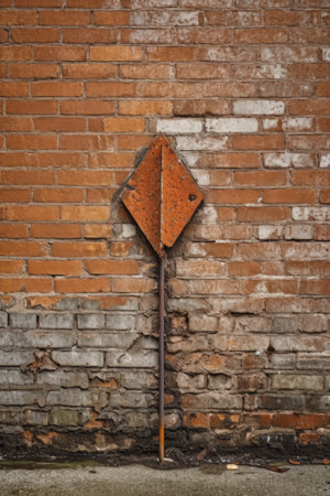 rusty metal arrow pointing upwards on brick wall, created with generative aiの素材