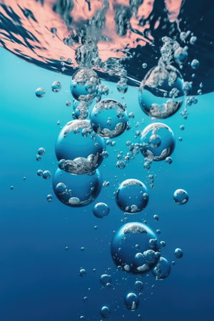 air bubbles rising in clear blue water, created with generative aiの素材