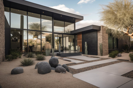 modern and sleek exterior with glass, metal, and stone accents, created with generative aiの素材