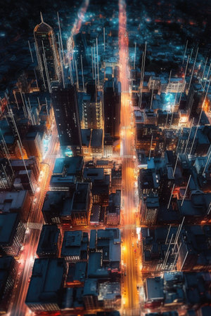 aerial shot of a cityscape with digital data overlay, created with generative aiの素材