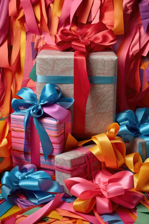 close-up of wrapped gifts with colorful ribbons, created with generative aiの素材