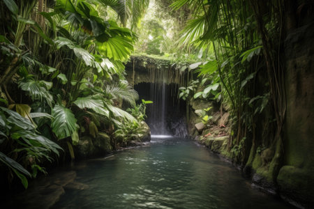 tropical waterfall surrounded by lush greenery and palm trees, created with generative aiの素材