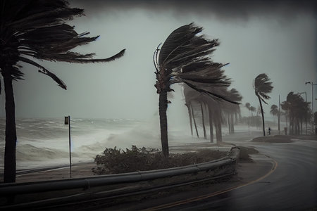 tropical cyclone, with its strong winds and rains, bringing destruction to a coastal city, created with generative aiの素材