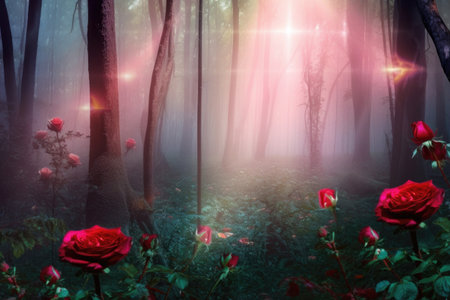 magical forest with red roses and magic wand, created with generative aiの素材