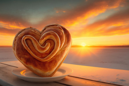 heart-shaped cinnamon roll against a backdrop of the sunrise or sunset, created with generative aiの素材