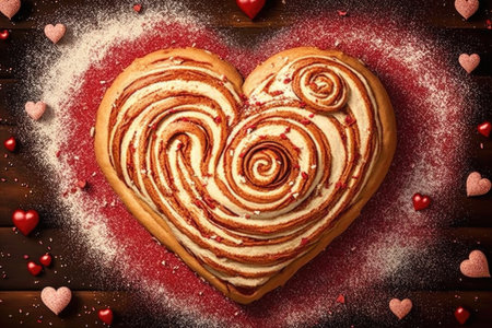 heart-shaped cinnamon roll surrounded by heart-shaped sprinkles, created with generative aiの素材