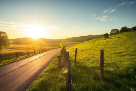 scenic road trip through a landscape of rolling hills and pastures, with the sun setting in the background, created with generative aiの素材