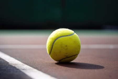 close-up of tennis ball on the court, ready for action, created with generative aiの素材