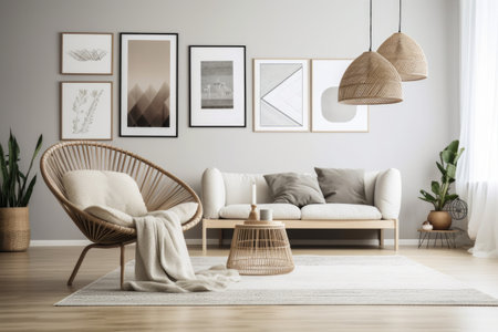 a minimalist room with a wall art installation, simple and elegant, created with generative aiの素材