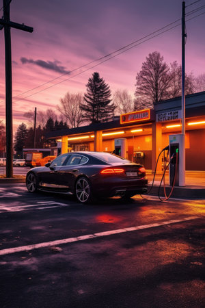 electric car charging at a charging station, created with generative aiの素材