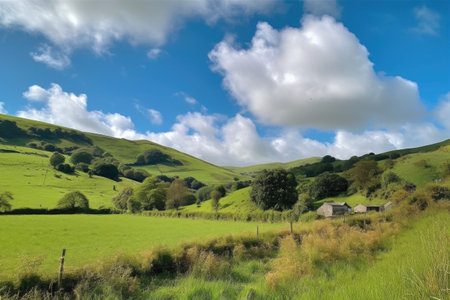 rollinf countryside hills with a clear blue sky, surrounded by fluffy clouds, created with generative aiの素材