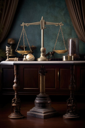 scales of justice on an antique table, created with generative aiの素材