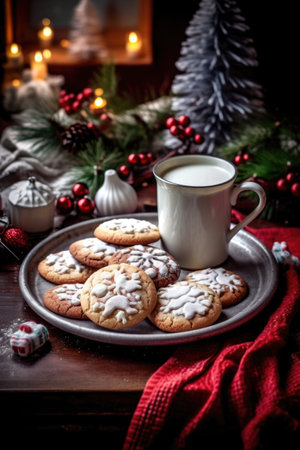 festive christmas cookies and hot cocoa on a table, created with generative aiの素材