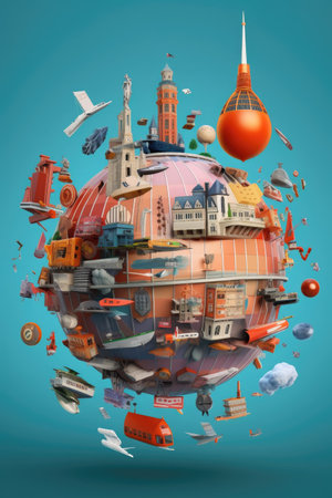 a 3d globe with various business icons orbiting it, created with generative aiの素材