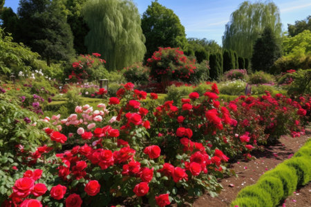 a garden of red roses, with a variety of blooms, in full bloom, created with generative aiの素材