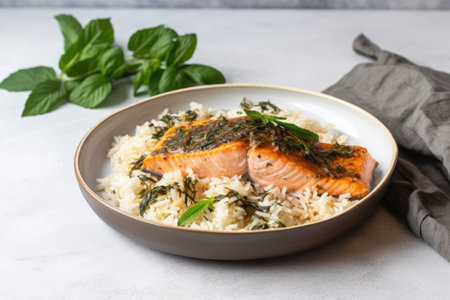 minimalist plate of baked salmon, rice, and herbs, created with generative aiの素材