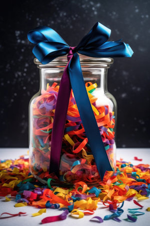 rainbow confetti in a glass jar with a ribbon tied around it, created with generative aiの素材