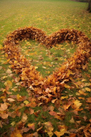 fallen leaves forming a heart shape on grass, created with generative aiの素材