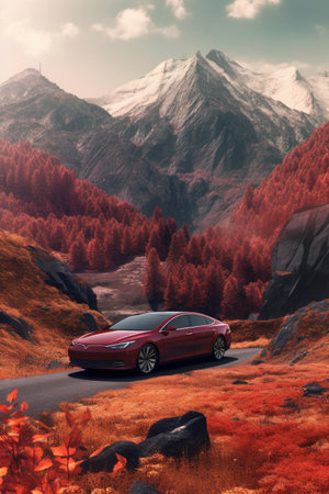 car parked near a picturesque mountain landscape, created with generative aiの素材