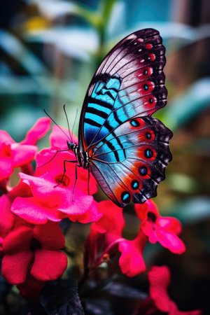 close-up of a vibrant butterfly on a flower, created with generative aiの素材