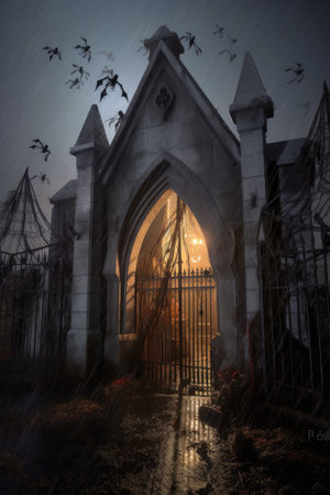 spiders crawling on a cobweb-covered graveyard gate, created with generative aiの素材