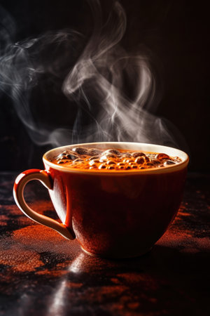close-up of a steaming hot cup of coffee, created with generative aiの素材