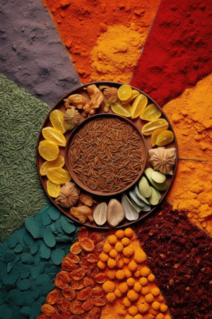 colorful spices arranged in a circle pattern, created with generative aiの素材
