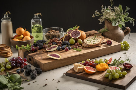 a rustic wooden board with arranged food, natural accents, and a modern twist, created with generative aiの素材