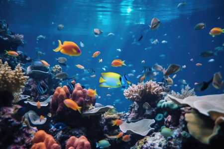 diverse range of colorful tropical fish swimming in coral reef, created with generative aiの素材
